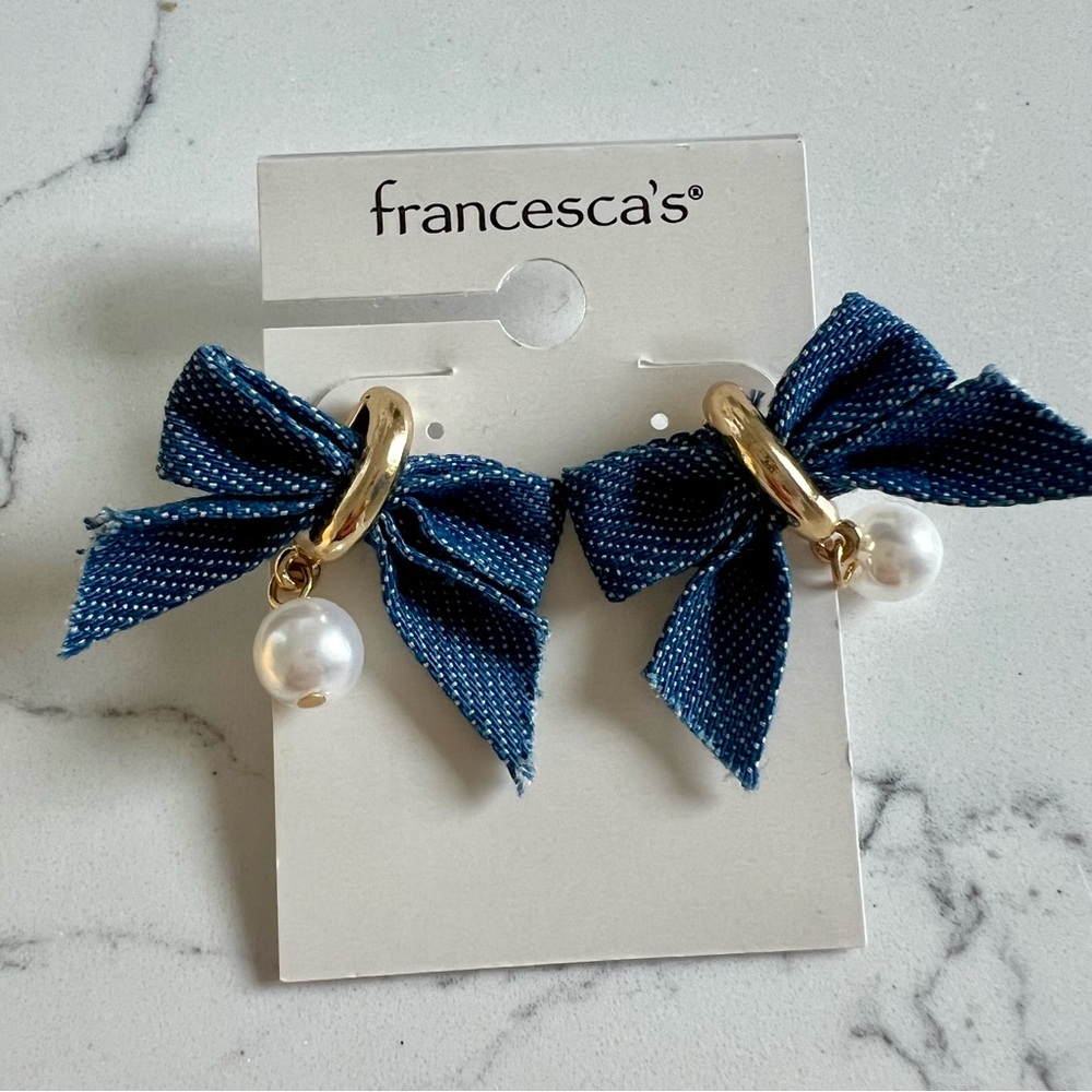 Francesca's Collections Blue Bow Earrings with Pearl Accent